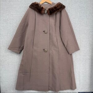 Vintage Crestmoor Mink Fur Collar Coat Brown Wool Blend‎ Overcoat Womens Sz L